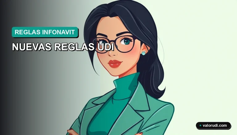 Ilustración vectorial plana moderna de una asesora financiera elegante en tonos menta y teal, representando las nuevas reglas Infonavit UDI para créditos 2026 en México.