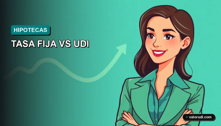 Ilustración de una mujer ejecutiva financiera sonriente en traje color menta, al lado derecho del encabezado, fondo teal vacío, representando protección hipotecaria en México 2026.