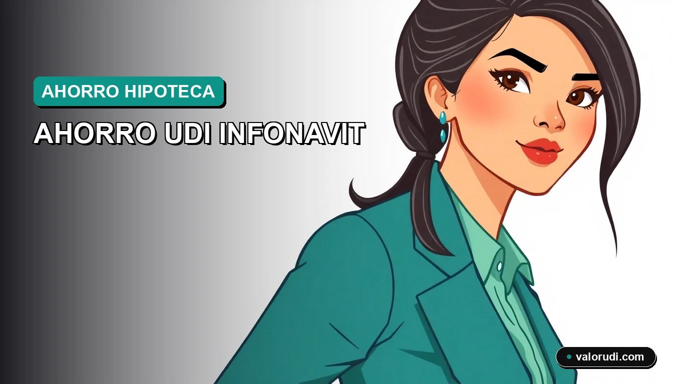 Ilustración 2D plana de mujer ejecutiva con ahorro hipotecario en UDIS, colores menta y verde azulado sobre fondo blanco vacío