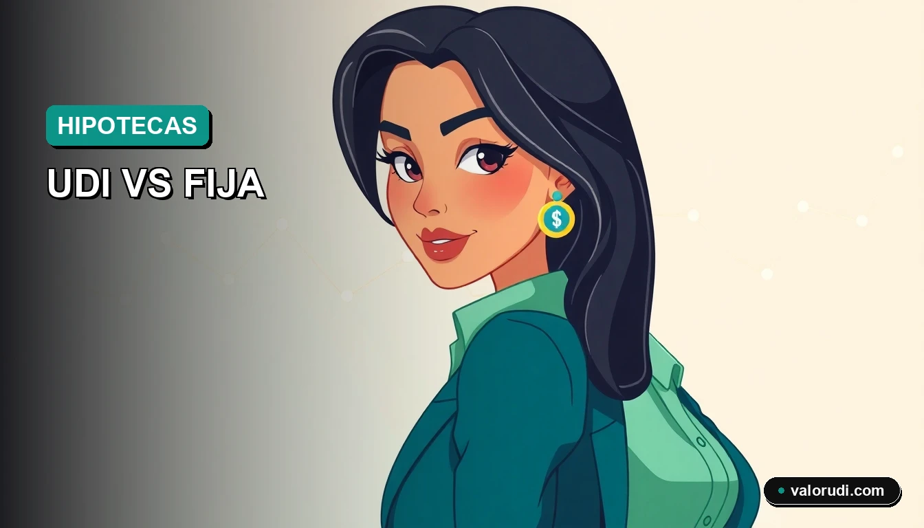 Comparativa calculadora hipoteca UDI y fija para decisión 2026 en México, ilustración 2D estilo Corporate Memphis