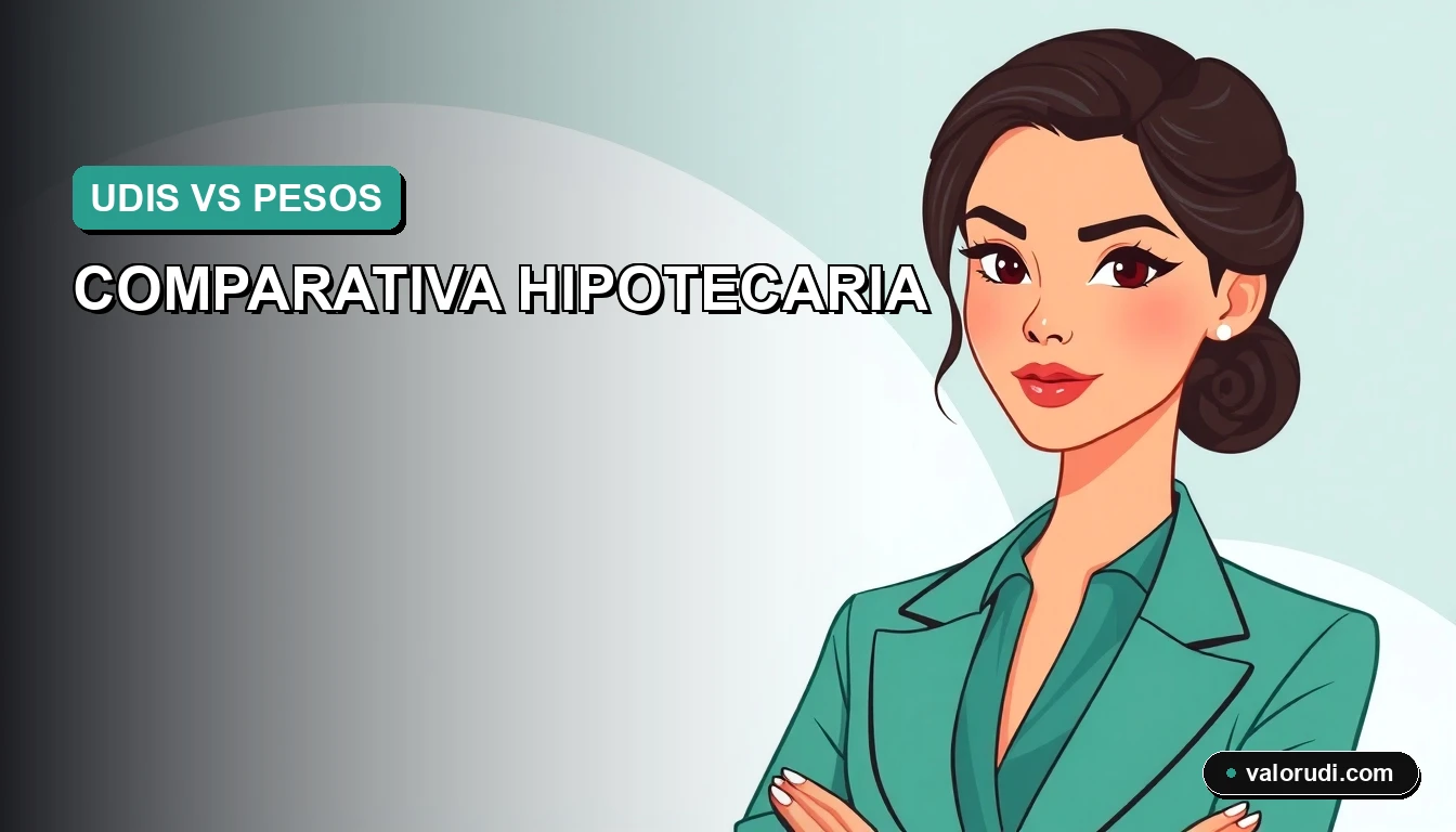 Ilustración plana 2D de una asesora hipotecaria inteligente junto a gráficas de UDIS y pesos en tonos menta y teal para blog financiero 2026