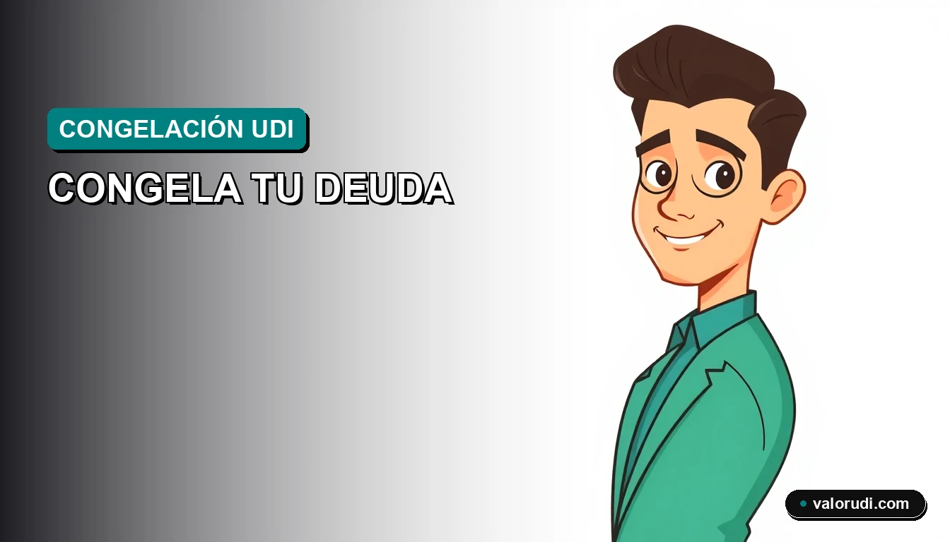 Ilustración vectorial estilo Corporate Memphis de un asesor financiero profesional. Fondo con gráficos abstractos de economía y colores teal y menta, representando el concepto de congelar deudas de Infonavit en UDIS.