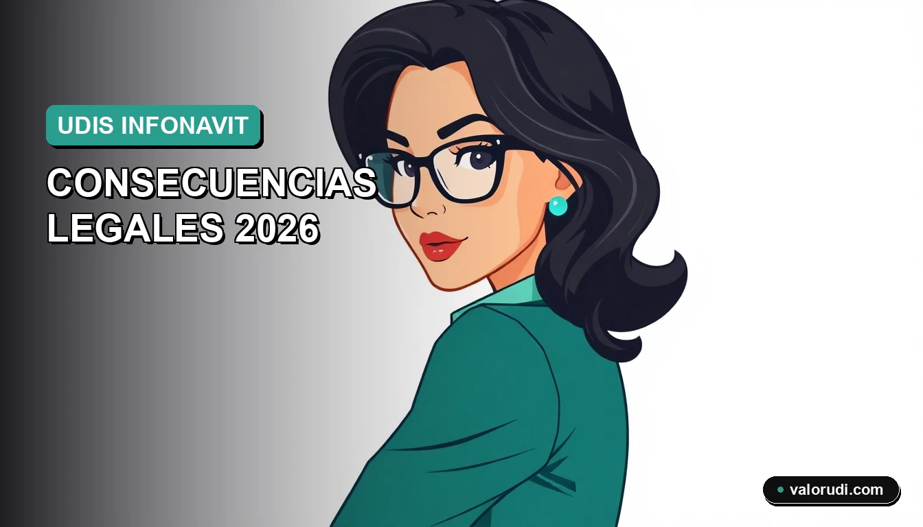 Ilustración de advertencia legal sobre crédito Infonavit en UDIS para 2026, con ambientación financiera en tonos verde menta y teal