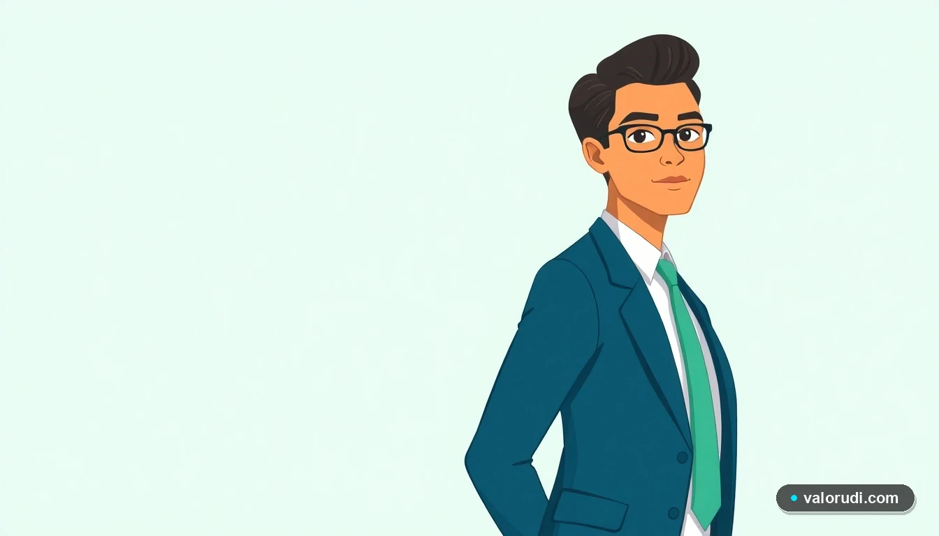 Ilustración vectorial de asesor financiero mexicano en traje color teal sobre fondo mint, con espacio negativo para texto.