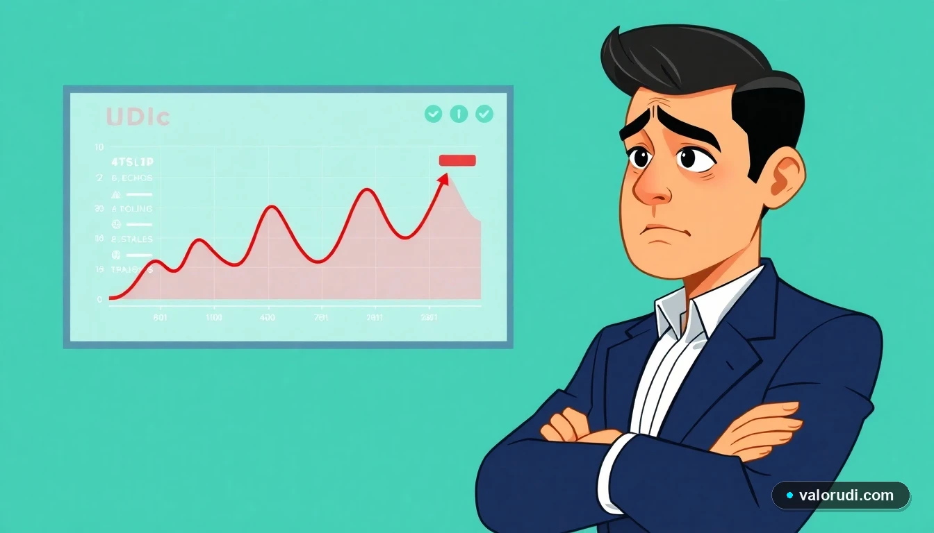 Ilustración 2D de un ejecutivo financiero preocupado por el cálculo del saldo UDI en su crédito hipotecario en México.